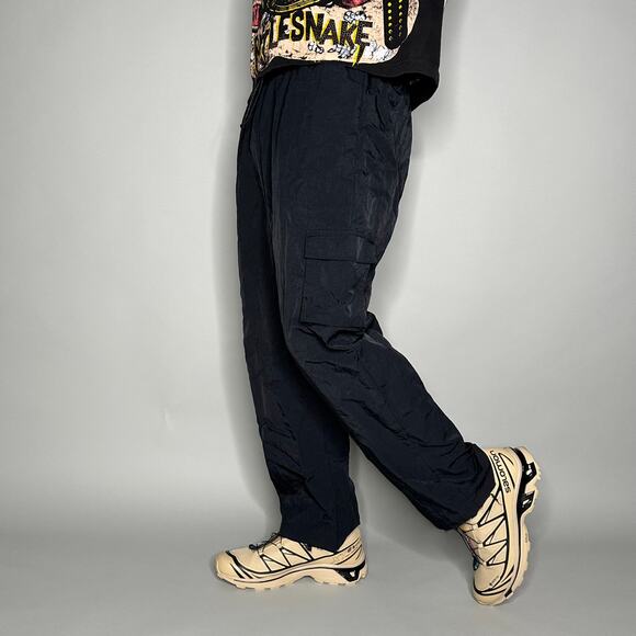 Nike Track Pants Jet Black Nylon Sweatpants Subtle Distressed Cuffs Cargos - Picture 1 of 5